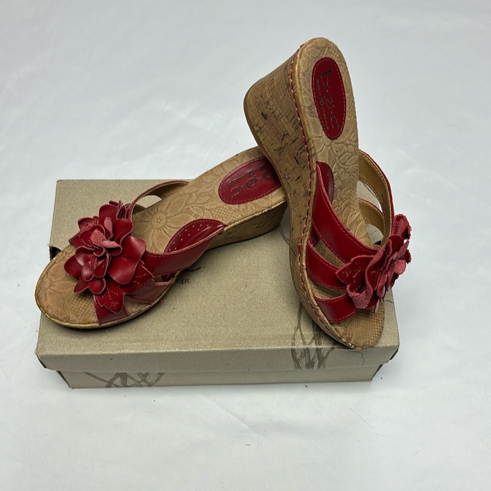 B.O.C. Red and cork wedge sandals, size 7.
